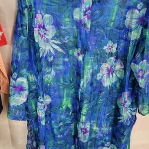 Inches Off Sheer Cover Up Floral 2X Button Up